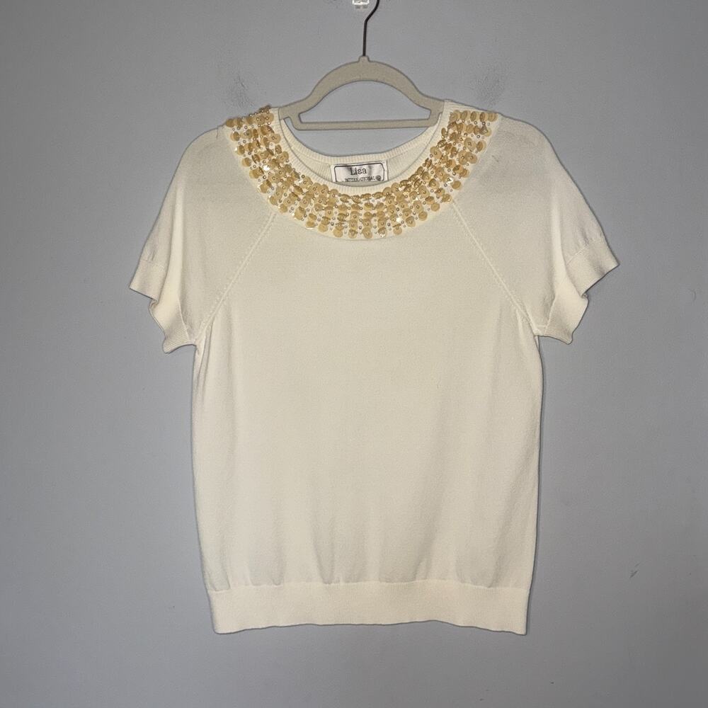 Lisa International Vintage Beaded Short Sleeve Sweater Size Large Ivory Pearls